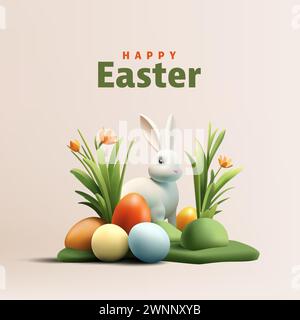 Happy Easter Grußkarte mit 3D-Rendering Ostereier und Häschen und Orangenblüten, Eierjagd Komposition Stock Vektor