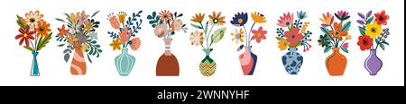 Set blühender Blumen in Vasen und Flaschen. Stock Vektor
