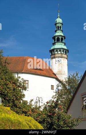 Domazlice Stadtplatz und Stadttor, im lokalen Domažlice, Stadt in Südböhmen, Tschechien Stockfoto