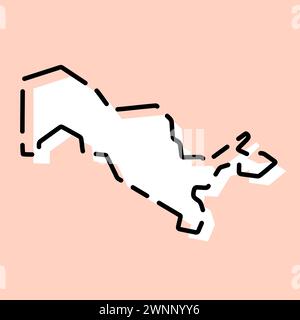 Vereinfachte Landkarte Usbekistan. Weiße Silhouette mit schwarzer gebrochener Kontur auf rosa Hintergrund. Einfaches Vektorsymbol Stock Vektor