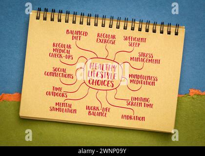 Beispiele für gesunde Lebensweise, Mindmap-Infografiken, Skizzen in einem Spiralnotizbuch Stockfoto