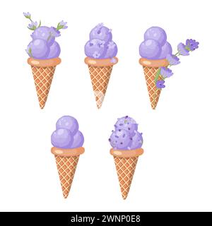 Ein Set Lavendeleis in Waffelkegeln. Violettes Sorbet. Vektorillustration auf weißem Hintergrund. Stock Vektor