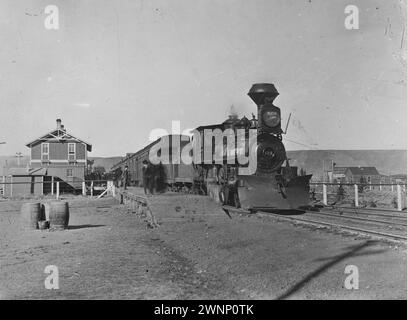 Erster Zug nach Medicine hat, Alberta. Kanada. Juni 1886 Stockfoto