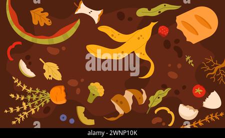 Boden mit biologisch abbaubaren organischen Abfällen für Kompost. Boden Schmutz mit Haufen von Resten, Gemüse, Pflanzen und Früchten, Recycling Küchenmüll für Essen durch Regenwürmer Cartoon Vektor Illustration Stock Vektor