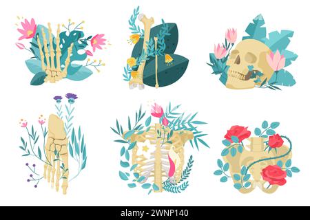 Menschliche Skelettknochen im Blumenset. Blumenmuster und Schädel, schöne Rosen und Beckenknochen, Hand und Fuß mit wilden rosa Blumen, romantische Poesie des Todes Sammlung Cartoon Vektor Illustration Stock Vektor