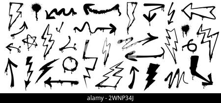 Set aus Sprühpfeilen, Tropfen und Blitzschlägen mit Graffiti-Effekt. Schwarze Tintenflecken, Donner Elektrizität Symbol mit Tintenspritzern im urbanen Street Stil. Bürstenlinien und Schild für elektrische Leistung. Stock Vektor