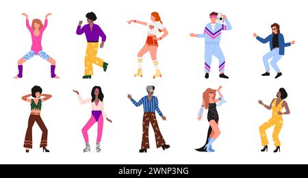 Die Leute tanzen auf Disco-Partys. Männliche und weibliche Charaktere tanzen zur Musik im Stil der 1970er und 1980er Jahre, Sammlung glücklicher Tänzerinnen in Retro-Kleidung und mit Kassettenrekorder-Comic-Vektor-Illustration Stock Vektor