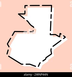 Vereinfachte Karte des Landes Guatemala. Weiße Silhouette mit schwarzer gebrochener Kontur auf rosa Hintergrund. Einfaches Vektorsymbol Stock Vektor
