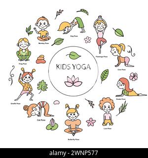 Set aus Yoga-Tierpositionen für Kinder und tropischen Blättern, Blumen, Zweigen. Vektor-Zeichentrickillustration im Doodle-Stil. Stock Vektor