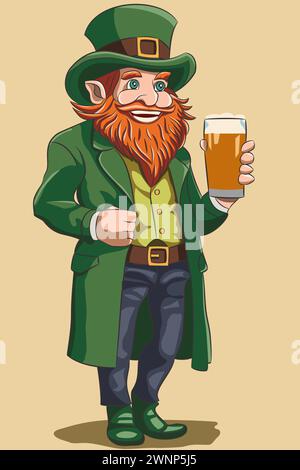 Leprechaun in grünem Hut mit rotem Bart und Schnurrbart mit einem Glas Schaumbier in der Hand. Stock Vektor