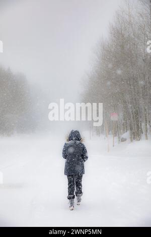 Ein Spätwintersturm stürmt Mitte März in Mammoth Lakes, CA, und fällt ein paar Meter Schnee auf die Stadt. Stockfoto