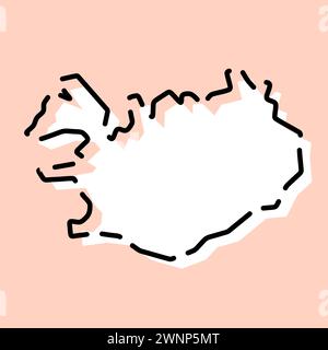 Vereinfachte Karte für Island. Weiße Silhouette mit schwarzer gebrochener Kontur auf rosa Hintergrund. Einfaches Vektorsymbol Stock Vektor