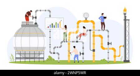 Komplexe Inspektion von Rohrleitungen und Speichertanks in der Gasindustrie. Winzige Leute reparieren und kontrollieren Ventile für Lecks und Druck im Rohrnetz, Techniker arbeiten mit Ausrüstung Cartoon Vektor Illustration Stock Vektor