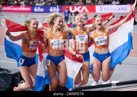 Glasgow, Großbritannien. März 2024. GLASGOW, SCHOTTLAND - 3. MÄRZ: Femke Bol, Lisanne de Witte, Lieke Klaver, Cathelijn Peeters aus den Niederlanden, die am 3. März 2024 in Glasgow in der Emirates Arena in Glasgow, Schottland, auf der 4 x 400 m antraten. (Foto von Lukasz Szelag/Orange Pictures) Credit: Orange Pics BV/Alamy Live News Stockfoto