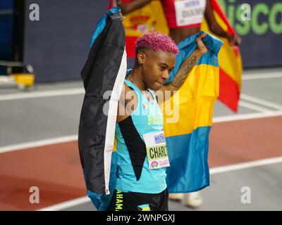 Glasgow, Großbritannien. März 2024. Emirates Arena, Glasgow, Schottland - Sonntag, den 3. März: Devynne CHARLTON (Bahamas - BAH) tritt am Sonntag, den 3. März 2024, im 60-Meter-Finale während der Leichtathletik-Hallenweltmeisterschaften Glasgow 2024 in der Emirates Arena an (Claire Jeffrey/SPP) Credit: SPP Sport Press Photo. /Alamy Live News Stockfoto