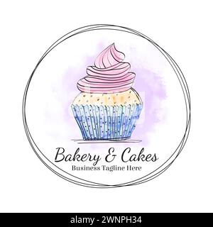 Schönes runder Cupcake-Logo mit handgezeichnetem Doodle-Aquarellstil Stock Vektor