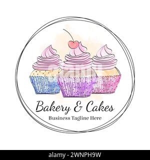 Schönes Logo Für Runde Cupcakes. Handgezeichnetes Cupcake-Stil-Aquarellabzeichen Stock Vektor