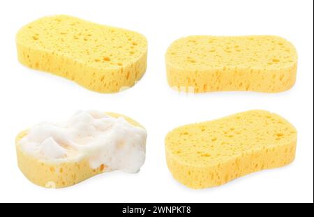 Verschiedene gelbe Schwämme isoliert auf weiß, Set Stockfoto