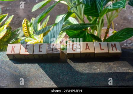 Foto von Wörtern mit Holzblockobjekten, die im englischen Wort „KEEP RUHIG“ angeordnet sind Stockfoto