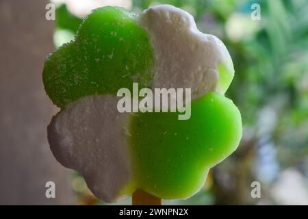 Nahaufnahme von Eisstöcken mit Melonengeschmack und wunderschönen Blattformen Stockfoto
