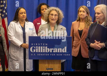 New York, New York, USA. März 2024. (NEU) Senator Gillibrand fordert die Passage of the Access to Family Building Act. März 2024, New York, New York, USA: Donna Lieberman, ED von der NYCLU, die Teil von New Yorkers for Equal Rights ist, spricht auf der Pressekonferenz des US-Senators Gillibrand, der die Verabschiedung des Access to Family Building am 3. März 2024 in New York City fordert. Senator Gillibrand, der sich mit anderen Befürwortern verbündet, fordert die Verabschiedung des Access to Family Building Act, eines Gesetzes, das den Zugang zur in-vitro-Fertilisation (IVF) und schützen würde Stockfoto