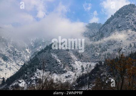 Srinagar, Indien. März 2024. März 2024, Srinagar, Indien : Blick auf die schneebedeckten Berge nach frischem Schneefall in Srinagar. Am 3. März 2024 In Srinagar, Indien. (Foto von Firdous Nazir/Eyepix Group) Credit: SIPA USA/Alamy Live News Stockfoto