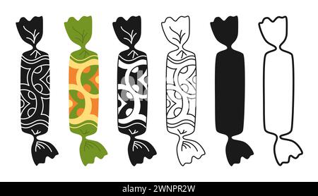 Eingewickelte Süßigkeiten mit Doodle Ornament. Zeichentricksymbol Bonbon, Stempel Lutscher, Silhouette, Linie Icon Süßigkeiten Snack Design Set. Leckerer Zucker Dessert kindliche Speisen. Gewickelte Karamell-Bonbon-Vektor-Illustration Stock Vektor
