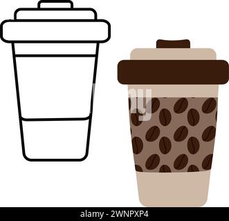 Umrisse gezeichnete und gemusterte Einwegbecher mit Deckel. 2er-Set. Aufkleber, Icon isolierte Konstruktionsidee. Kaffeetag. Vektor für Poster, Banner, Broschüren, Grußkarten oder Karten, Preisschild, Label oder Web. EPS Stock Vektor