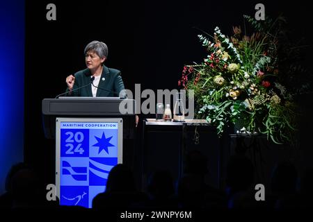 Melbourne, Australien. März 2024. Die australische Außenministerin Penny Wong spricht während des Gipfels. ASEAN Australia Sondergipfel zur maritimen Zusammenarbeit Eröffnungsbemerkungen und Keynotes des australischen Außenministers Penny Wong und des philippinischen Außenministers Enrique Manalo. Quelle: SOPA Images Limited/Alamy Live News Stockfoto