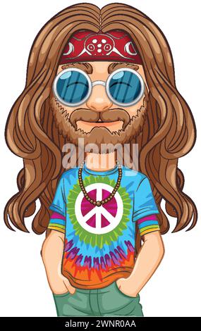 Farbenfroher Hippie mit Friedensschild und Sonnenbrille Stock Vektor