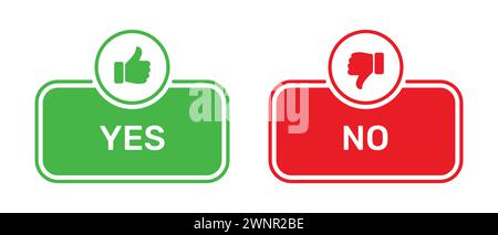 „Gefällt mir“- und „nicht gefällt mir“-Symbole mit den Schaltflächen „Ja“ und „Nein“ in Grün und Rot. Ja- und Nein-Tasten mit den Symbolen Daumen nach oben und Daumen nach unten. Stock Vektor