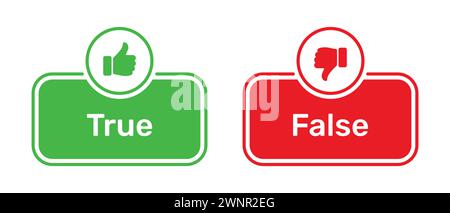 „Gefällt mir“- und „nicht gefällt mir“-Symbole mit den Schaltflächen „wahr“ und „falsch“ in Grün und Rot. True False Symbole mit Daumen nach oben und Daumen nach unten. Stock Vektor