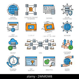 Netzwerksymbole für die CDN-Inhaltsbereitstellung, digitaler Medienverteilungsdienst, Symbole für Vektorlinien. CDN- oder Computer- und Internettechnologiesystemsymbole für Webinformationen, Suchanalysen und Datenserver Stock Vektor
