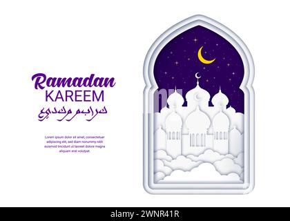 Ramadan Kareem Papierbogen im arabischen Stil mit der Silhouette einer muslimischen Moschee in Wolken. EID Mubarak Feiertag, muslimische religiöse Ramadan Gruß, arabische Feier Papier Schnitt Vektor Hintergrund, Konzept Stock Vektor