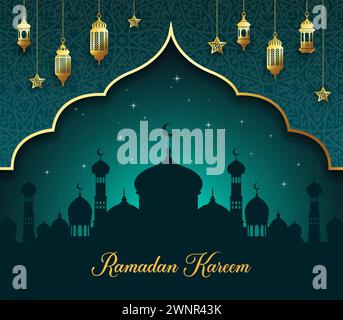 Ramadan Kareem Weihnachtsbanner mit muslimischer Moschee, arabischen Laternen, islamischem Ornament und Mondsichel. Muslimische Feiertage, arabische religiöse oder Ramadanfeier Vektor-Cover oder Banner Stock Vektor