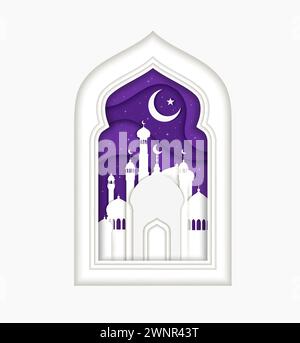 Ramadan Kareem, Eid Mubarak Papierkarte mit muslimischer Moschee Bogenfenster und Mondsichel. Ramadan-Feier, Eid Mubarak-Feiertag oder muslimisches religiöses Papier geschnittenes Vektorkonzept Stock Vektor