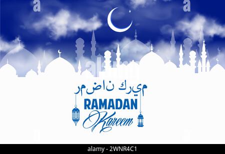 Ramadan Kareem Eid Mubarak Grüße. Arabische Begrüßung, muslimische Religion oder Eid Mubarak Feiertagsvektorkonzept. Ramadan-Festbanner oder -Tapeten mit Sichel, arabischer Stadtmoschee und Wolken Stock Vektor