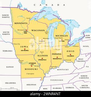 Midwest Region der Vereinigten Staaten, politische Karte. Mittlerer Westen der USA oder amerikanischer Mittlerer Westen, eine geografische Region südlich der Großen Seen. Stockfoto