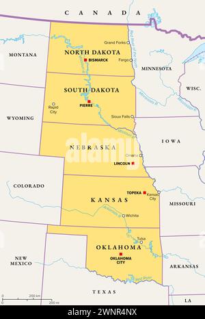 Great Plains Region der Vereinigten Staaten, politische Karte. Manchmal sind die Plains ein ausgedehntes Flachland in Nordamerika. Stockfoto