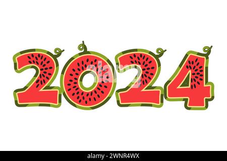 Wassermelone 2024 für Kalenderdesign. Cartoon 2025 von Watermelon Numbers. Sommersaison Stock Vektor