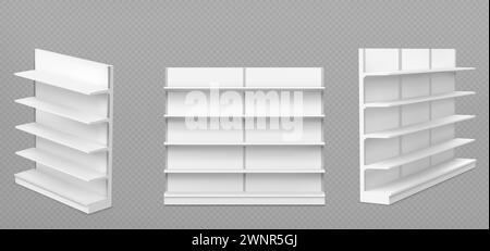 Weißes leeres Supermarktregal-Modell mit Racks zur Produktpräsentation. Realistische 3D-Vektorabbildung Set aus Bücherregal in verschiedenen Blickwinkeln. Leeres Modell der Werbeausrüstung des Stores. Stock Vektor