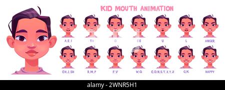 Animationsset für den Mund für Kinder. Zeichentrickvektor-Illustrationssatz des weiblichen Kind-Avatars mit verschiedenen Positionen der Lippen und der Zunge während der Aussprache des englischen Alphabets. Sprechendes Charaktergesicht. Stock Vektor