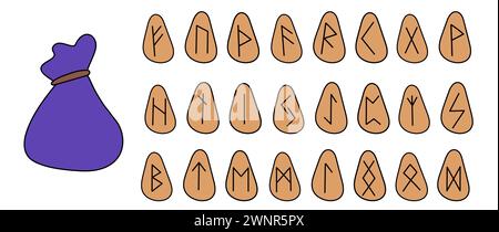 Set Runen und Baumwollbeutel. Sammlung von Kritzeleien alter nordischer Runensymbole auf Stein. Vektorflachdarstellung keltischer Glyphen Stock Vektor