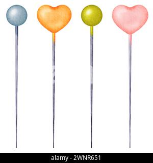 Ein Satz Nähstifte mit verschiedenen Köpfen. Stahlnadeln. Kopffarben blau, orange grün und pink. Isolierte Objekte mit Wasserfarbe. Für Bastelfreunde Stockfoto