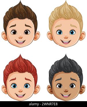 Vier Comic-Jungs mit verschiedenen Frisuren und Ausdrücken. Stock Vektor