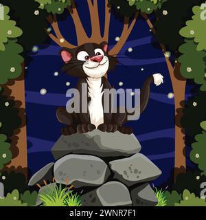 Glückliches Stinktier, das nachts auf Felsen zwischen Bäumen sitzt. Stock Vektor