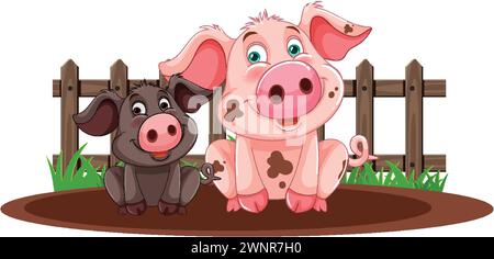 Zwei Comic Ferkel in der Nähe eines Schlammzaun Stock Vektor