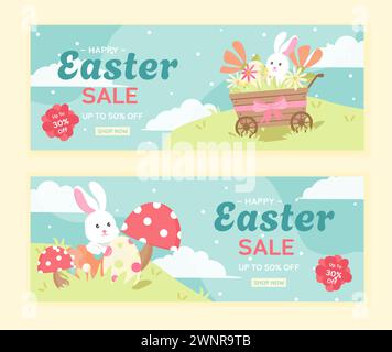 Frohe Ostern Set von Sale Banner, Grußkarten, Poster, Urlaub deckt. Trendiges Design mit Typografie, handbemalten Pflanzen, Punkten, Eiern und Hase Stock Vektor