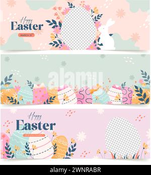 Frohe Ostern Set von Sale Banner, Grußkarten, Poster, Urlaub deckt. Trendiges Design mit Typografie, handbemalten Pflanzen, Punkten, Eiern und Hase Stock Vektor