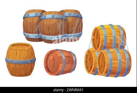Alte Holzfässer mit Metallringen für die Herstellung von Wein und Whiskey, Schießpulver und tnt-Lagerung. Zeichentrickvektor-Illustration Set von altem Holzfass. Vintage stehend und liegend gestapelt und einzeln. Stock Vektor